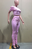 Pink Casual Short Sleeve Round Neck Ruffle Tee Top Long Pants Sets D8373