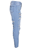 Light Blue Modest Cotton Ripped Elastic Force High Waist Jeans Carrot Pants  SMR2274