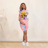 Fluorescent Green Casual Polyester Tie Dye Cartoon Graphic Short Sleeve Round Neck Top Shorts Sets BM7081