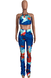 Blue Red Sexy Polyester Tie Dye Sleeveless Self Belted Backless Ruffle Tank Top Long Pants Sets CYY8560