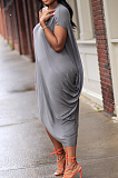 Gray Casual Cotton Short Sleeve Round Neck Ruffle Long Dress HM5339
