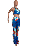 Blue Red Sexy Polyester Tie Dye Sleeveless Self Belted Backless Ruffle Tank Top Long Pants Sets CYY8560