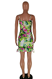 Green Sexy Polyester Floral Sleeveless Shirred Detail Slip Dress SDE0528