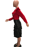 Black Pu Leather Flounce Beaded Ruffle Midi Skirt OMY5071