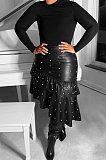 Black Pu Leather Flounce Beaded Ruffle Midi Skirt OMY5071