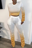 Yellow Casual Long Sleeve Round Neck Waist Tie Ruffle Tee Top Long Pants Sets HM5336