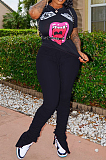 Black Casual Polyester Mouth Graphic Short Sleeve Round Neck Tee Top Long Pants Sets W8286