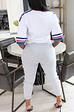 Offwhite Casual Polyester Letter Short Sleeve Round Neck Tee Top Long Pants Sets OMY8061
