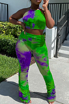 Green Purple Sexy Polyester Tie Dye Sleeveless Self Belted Backless Ruffle Tank Top Long Pants Sets CYY8560