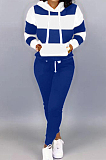 Navy Blue Casual Polyester Striped Long Sleeve Waist Tie Hoodie Long Pants Sets OMY5172