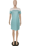 Rose Red Casual Striped Short Sleeve Round Neck Shift Dress YM8121