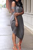 Gray Casual Cotton Short Sleeve Round Neck Ruffle Long Dress HM5339