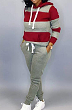 Black Casual Polyester Striped Long Sleeve Waist Tie Hoodie Long Pants Sets OMY5172