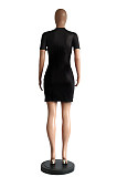 Black Casual Polyester Short Sleeve Round Neck Ripped Shift Dress YM8020