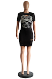 Black Casual Polyester Short Sleeve Round Neck Ripped Shift Dress YM8020