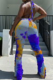 Blue Yellow Sexy Polyester Tie Dye Sleeveless Self Belted Backless Ruffle Tank Top Long Pants Sets CYY8560