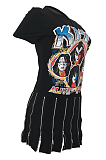Black Casual Polyester Cartoon Graphic Short Sleeve Round Neck Mini Dress ALS194