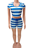 Blue Casual Polyester Striped Short Sleeve Round Neck Waist Tie Hoodie Shorts Sets FA7111