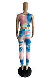 Casual Polyester Tie Dye Sleeveless Round Neck Tank Top Long Pants Sets YM8015