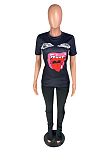 Black Casual Polyester Mouth Graphic Short Sleeve Round Neck Tee Top Long Pants Sets W8286