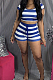 Blue Casual Polyester Striped Short Sleeve Round Neck Waist Tie Hoodie Shorts Sets FA7111