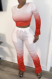 Red Casual Long Sleeve Round Neck Waist Tie Ruffle Tee Top Long Pants Sets HM5336