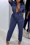 Navy Blue Casual Polyester Short Sleeve Drawstring Waist Overall Jumpsuit HM5340