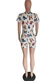 White Butterfly Sexy Polyester Short Sleeve Buttoned All Over Print Bodycon Jumpsuit HM5331