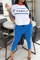 Blue Casual Polyester Letter Short Sleeve Round Neck Tee Top Long Pants Sets OMY8061
