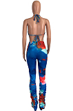 Blue Yellow Sexy Polyester Tie Dye Sleeveless Self Belted Backless Ruffle Tank Top Long Pants Sets CYY8560