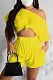 Yellow Casual Polyester Short Sleeve Tee Top Shorts Sets R6308