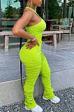Fluorescent Green Casual Polyester Sleeveless Round Neck Ruffle Bodycon Jumpsuit R6304