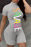 Black Casual Polyester Letter Short Sleeve Bodycon Jumpsuit R6302