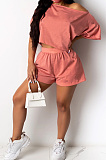 Yellow Casual Polyester Short Sleeve Tee Top Shorts Sets R6308