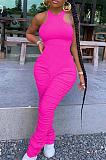 Pink Casual Polyester Sleeveless Round Neck Ruffle Bodycon Jumpsuit R6304
