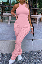 Pink Casual Polyester Sleeveless Round Neck Ruffle Bodycon Jumpsuit R6304