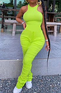Fluorescent Green Casual Polyester Sleeveless Round Neck Ruffle Bodycon Jumpsuit R6304