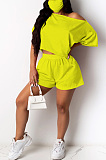 White Casual Polyester Short Sleeve Tee Top Shorts Sets R6308