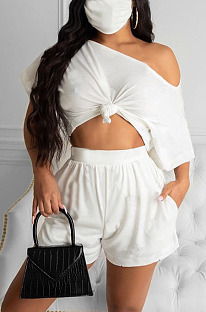 White Casual Polyester Short Sleeve Tee Top Shorts Sets R6308