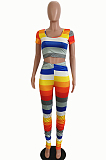 Colourful Casual Polyester Striped Short Sleeve Ruffle Tee Top Long Pants Sets SH7189