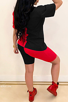 Black Red Casual Polyester Short Sleeve Round Neck Tee Top Shorts Sets CY1240