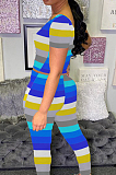 Blue Colourful Casual Polyester Striped Short Sleeve Ruffle Tee Top Long Pants Sets SH7189