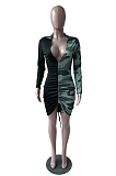 Green Sexy Camo Long Sleeve Deep V Neck Shirred Detail Mini Dress YM8083