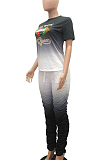 Rose Red Casual Polyester Mouth Graphic Short Sleeve Round Neck Ruffle Tee Top Long Pants Sets MR2049