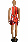 Orange Casual Polyester Striped Sleeveless Round Neck Waist Tie Tank Top Shorts Sets SH7905