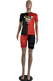 Black Blue Casual Polyester Short Sleeve Round Neck Tee Top Shorts Sets CY1240