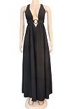 Black Sexy Polyester Sleeveless V Neck Self Belted Backless Mid Waist A Line Dress KF176