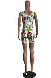 White Casual Polyester Cartoon Graphic Sleeveless All Over Print Bodycon Jumpsuit CY1235