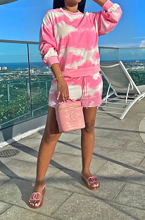 Pink Casual Tie Dye Long Sleeve Round Neck Longline Top Shorts Sets YM8125