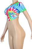 Tie Dye Casual Polyester Short Sleeve Round Neck Self Belted Backless Crop Top KF172